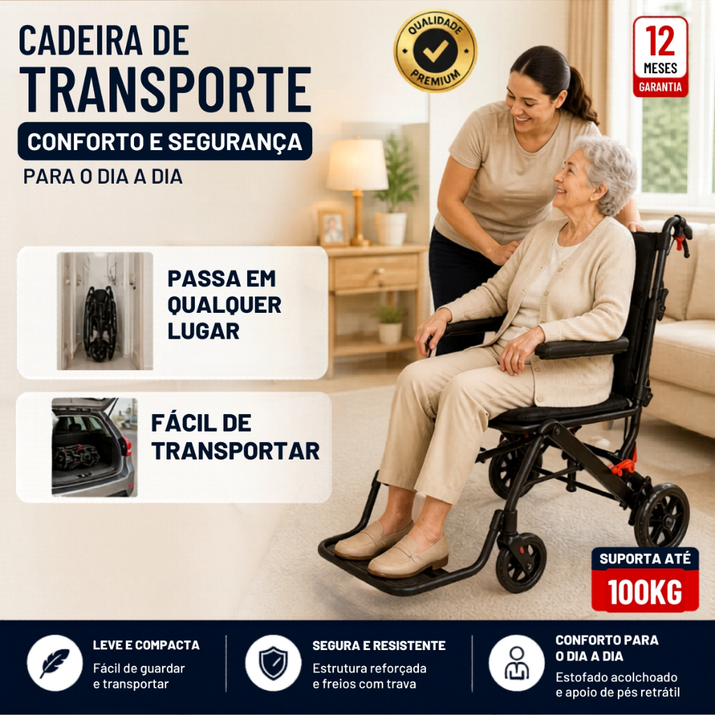 Cadeira de Transporte Transferência 100kg com Rodas Pequenas Dobrável Compacta Leve
