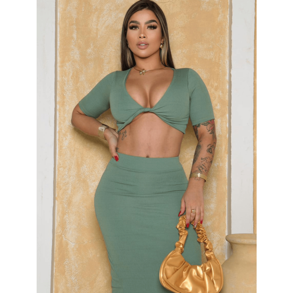 Conjunto Feminino Saia Longa Cropped Manga Curta saia com Fenda Fashion Elegante - PRONTA ENTREGA