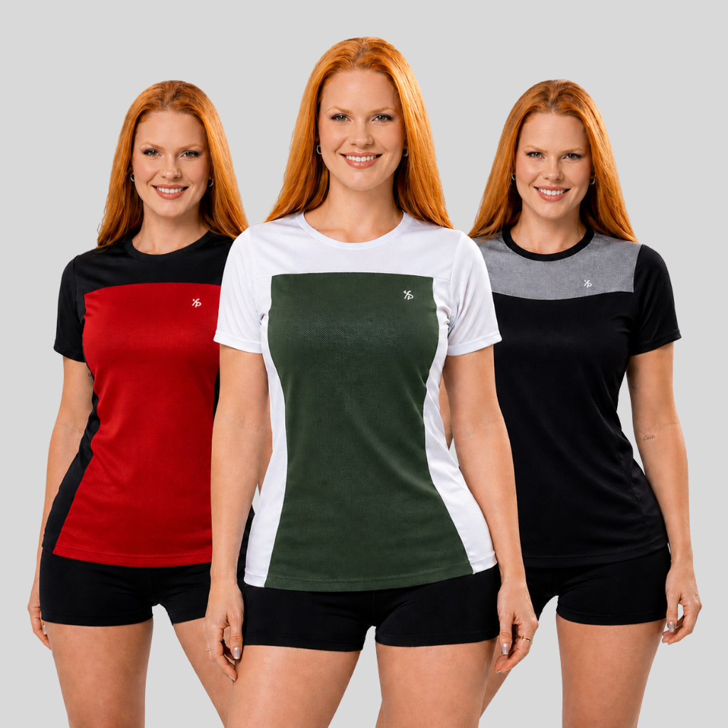 Kit 3 Blusas Dry Fit Feminina Academia Fitness Camiseta Esportiva Corrida Caminhada Treino Dia a Dia