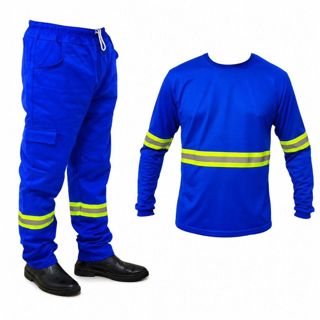 1 Kit Conjunto Uniforme Trabalho Profissional Calça e Camiseta Manga Longa FAIXA REFLETIVA