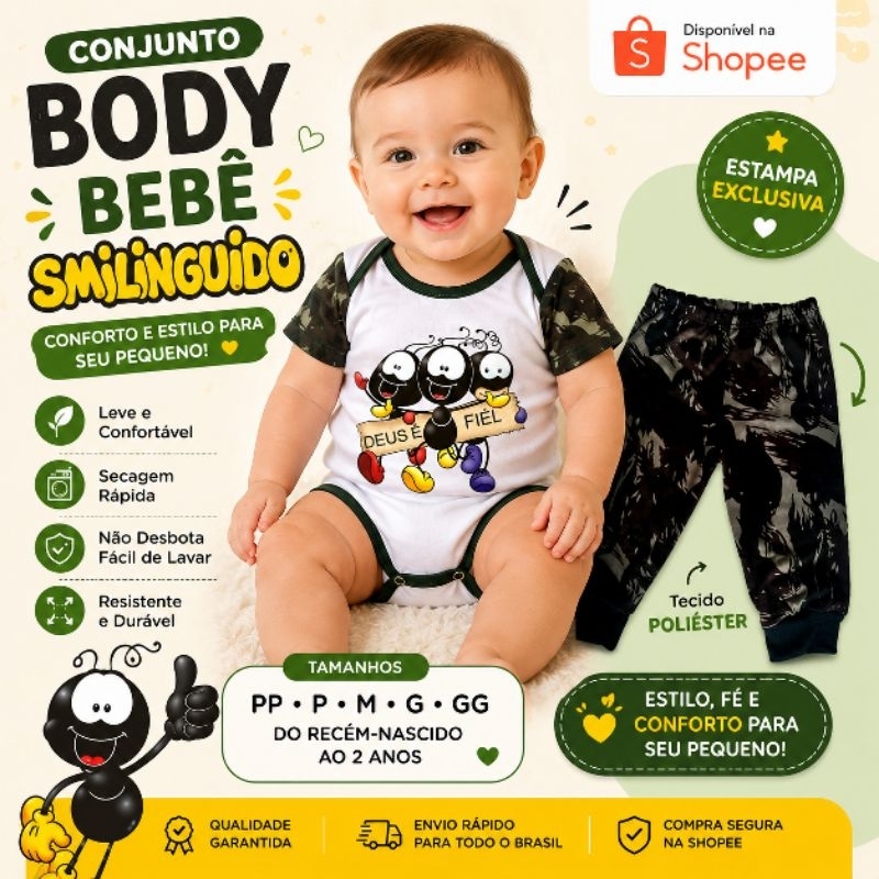 Conjunto Body Bebê Smilinguido Camuflado com Calça Estampa Evangélica Body bebê Deus é Fiél