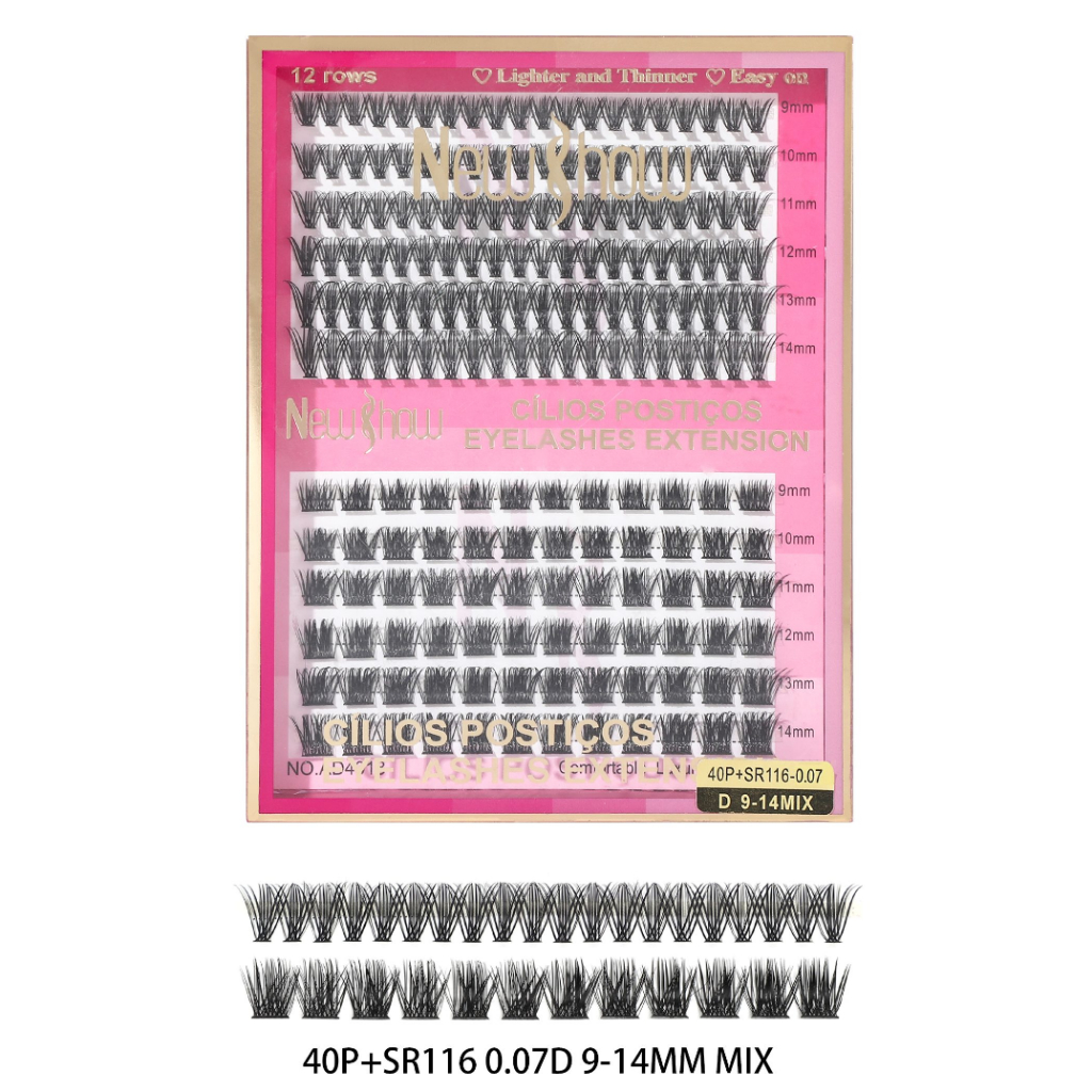 New Show Card of 200 Knotless Tuft Eyelashes 20P/30P/40P/40P+SR116/SR116/0.07D 9-14Mix — imagem 2 de 2