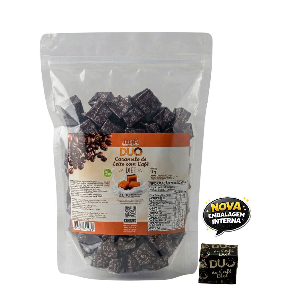 Bala Duo Caramelo de Leite Diet com Café Hué (Sem Adição de Açúcares) Sem Glúten Pacote 1KG