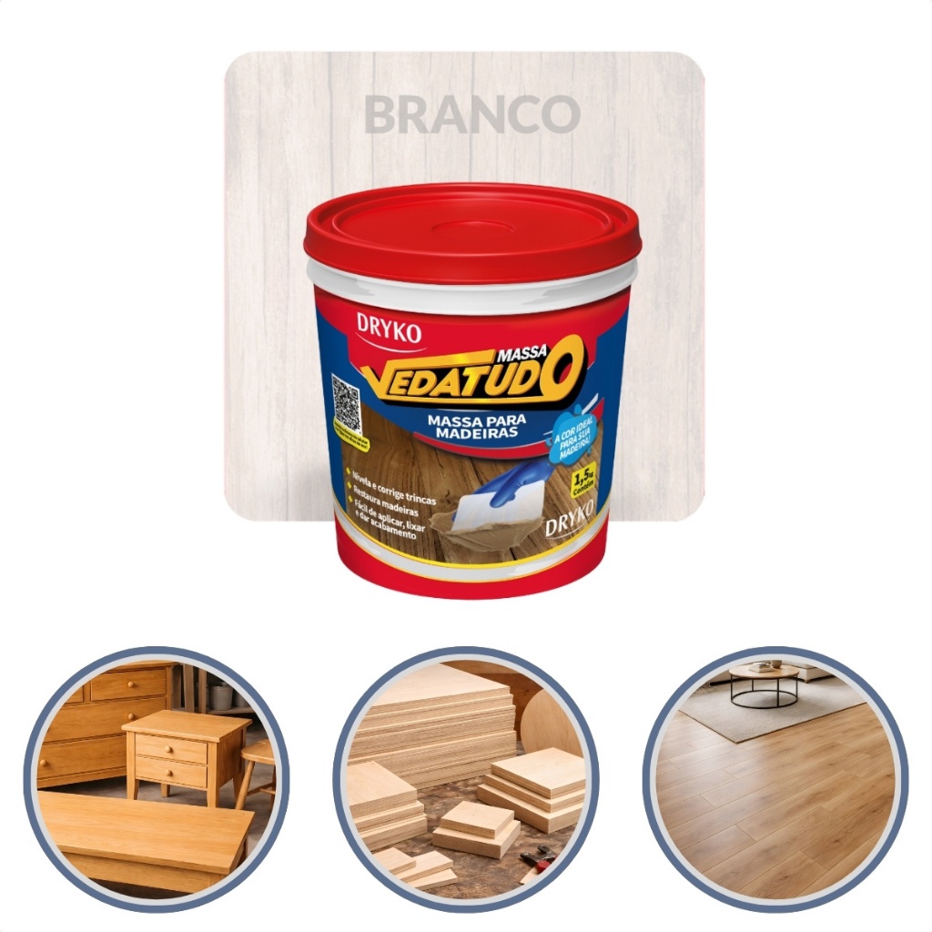 Massa Calafetar Madeira 1,5 kg Branca Dryko Vedatudo Reparo Restaurar Porta Mdf Piso Laminado Móveis