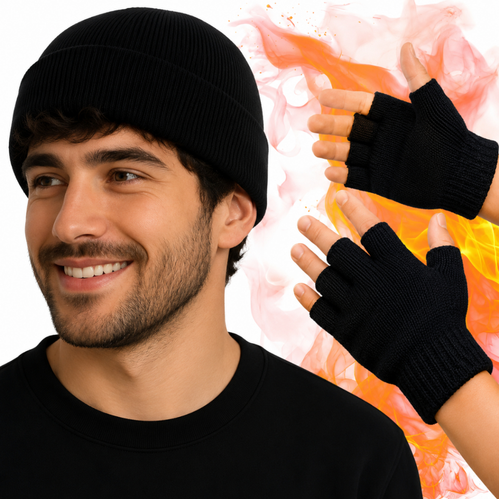 Kit Touca + Luva Sem Dedos Inverno Frio Unissex Touch Screen