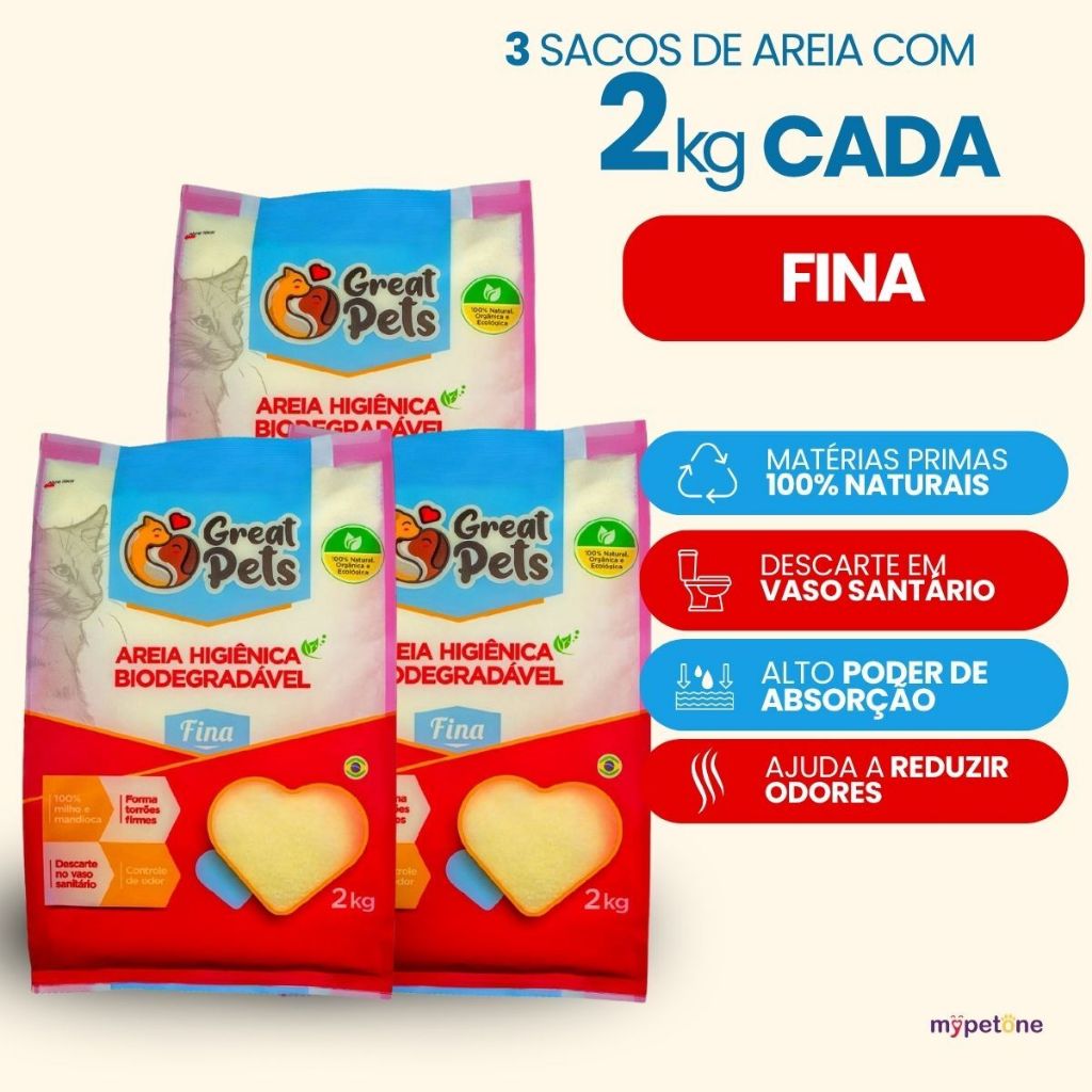 Kit 3 Areia Biodegradável Fina 2 Kg para Gatos - Great Pets