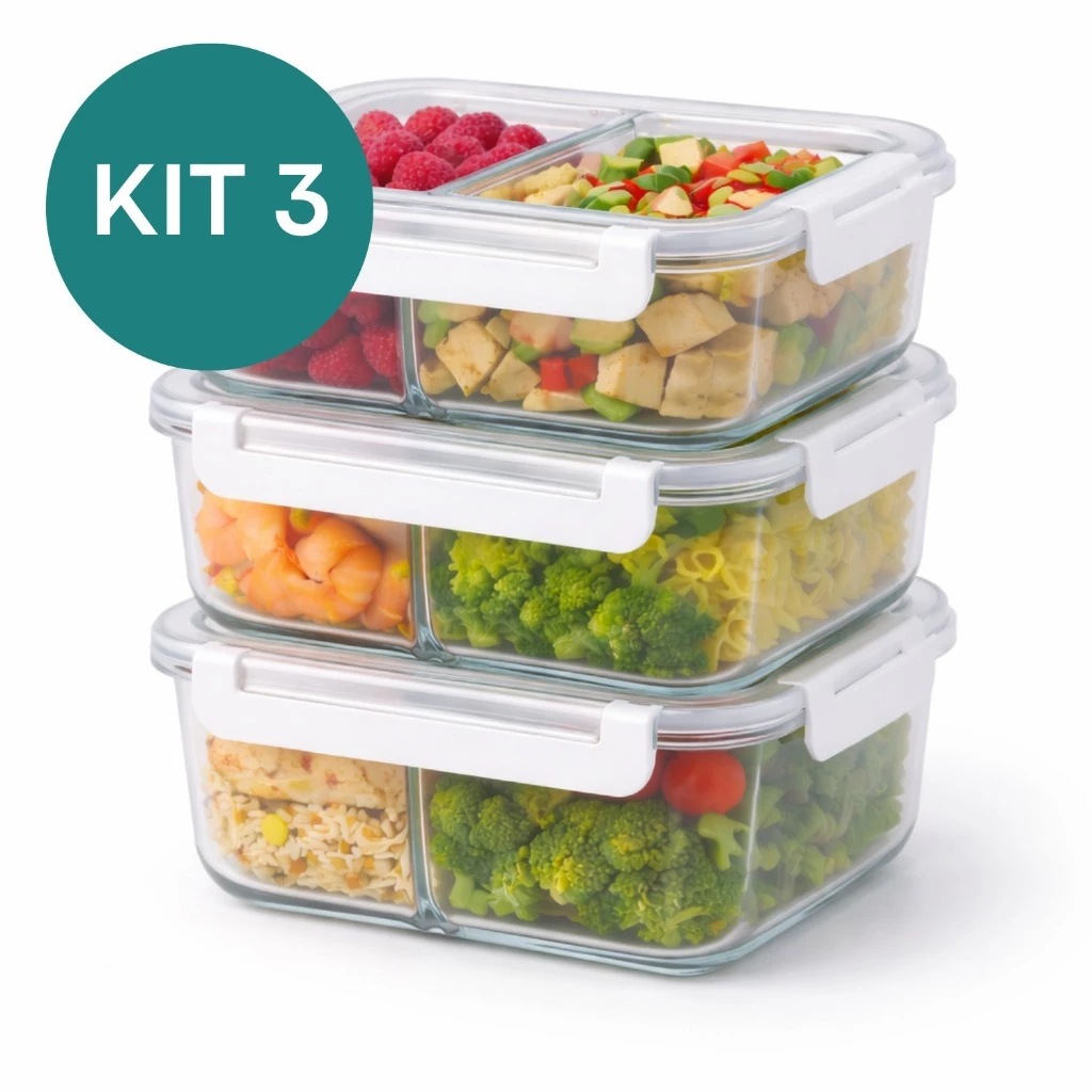 Kit 3 Potes 1040ml Refratário de Vidro com Divisória e Trava Marmita Fitness Forno Microondas — imagem 1
