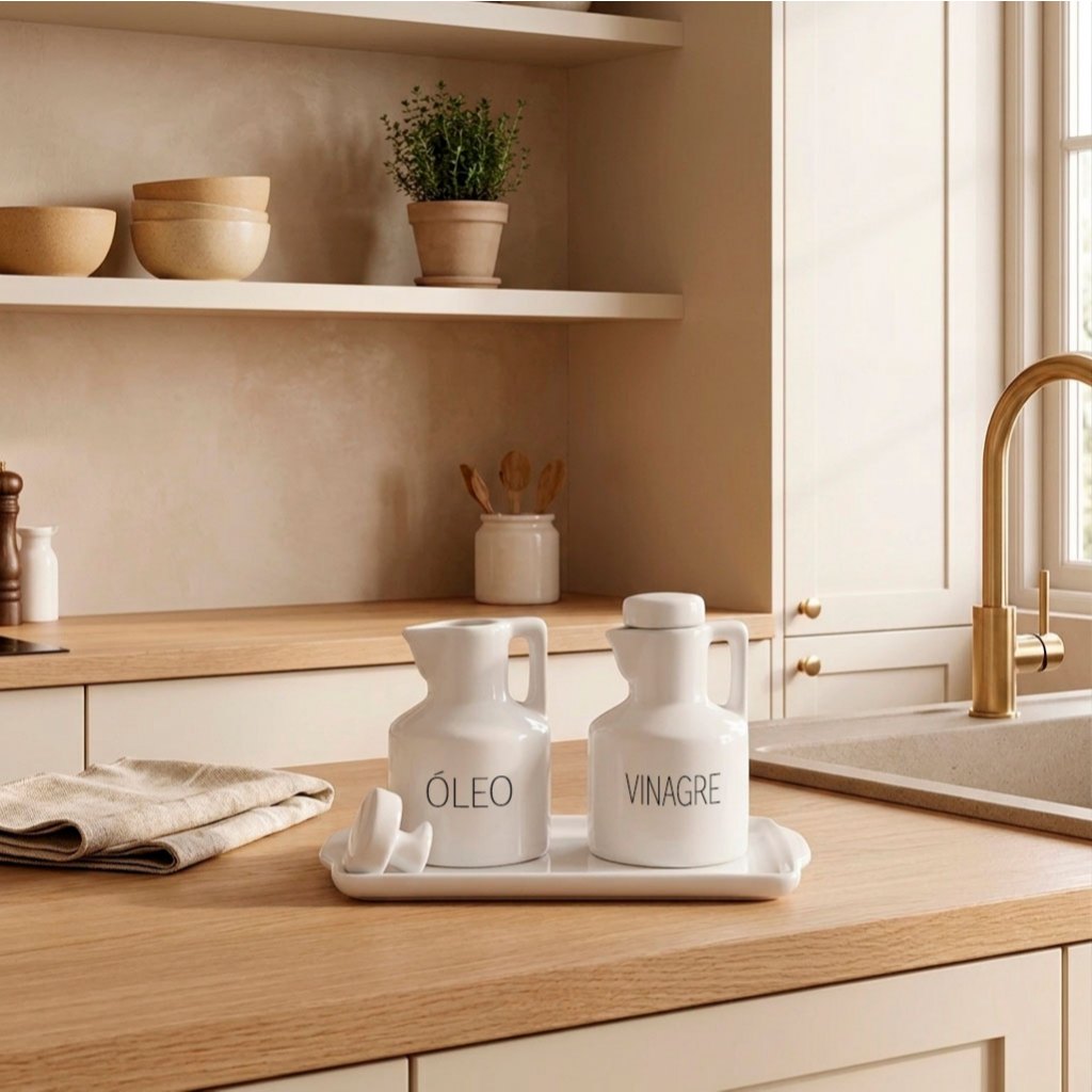 Conjunto de Garrafas Galheteiro Decorado Óleo Vinagre com Bandeja Porcelana