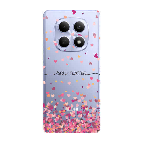 Capinha para Xiaomi RedMi Note 15 4G - 5G Anti Impacto Personalizada - Chuva de corações rosa com nome