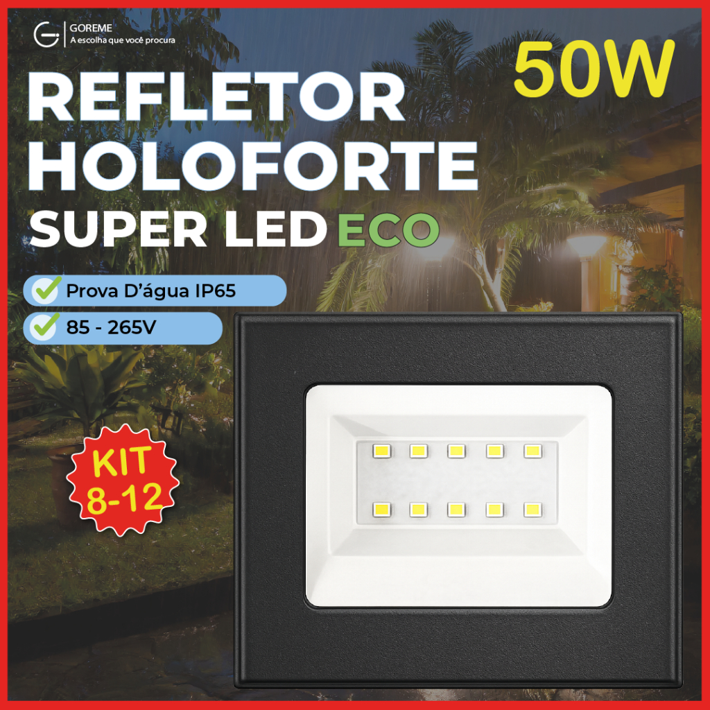 Kit 8/9/10/12 Refletor Led ECO 50W IP65 | Luz Econômica Fria, Quente e Verde | Bivolt 110V-220V