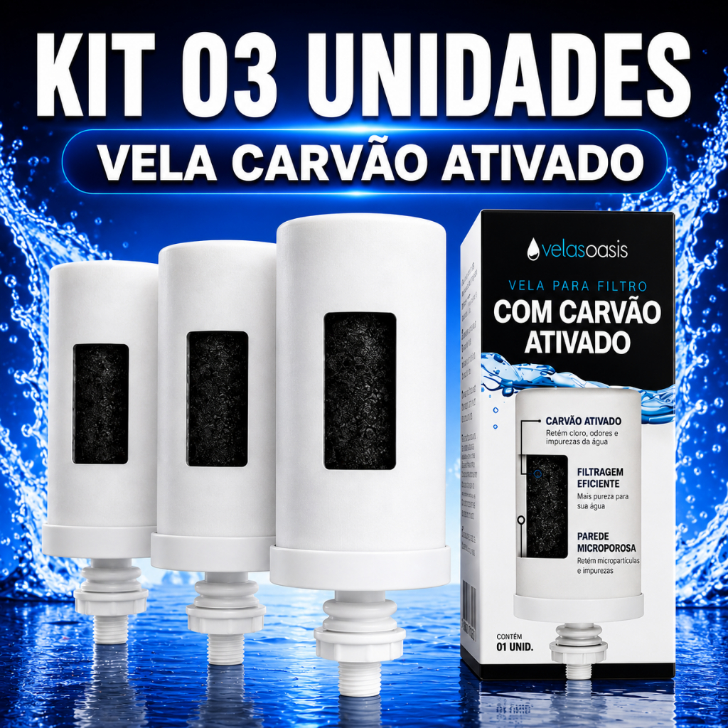 3 VELAS FILTRO BARRO PREMIUM CARVÃO ATIVADO ALCALINA UNIVERSAL - SERVE PARA TODOS FILTRO BARRO