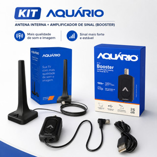 KIT ANTENA DIGITAL AQUARIO DTV-200 INTERNA + AMPLIFICADOR DE SINAL BOOSTER BT-26 + CABO 2.5M HDTV 4K