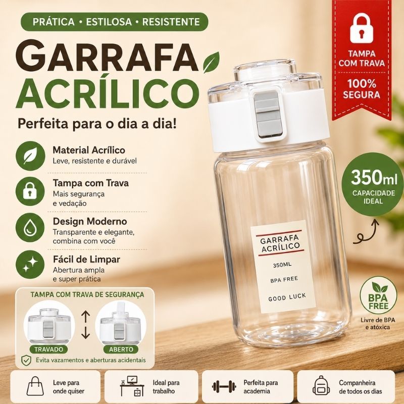 Squeeze Acrílico 350ml Minimalista BPA Free Com Filtro Tampa Trava Alça Academia Casual Fitness