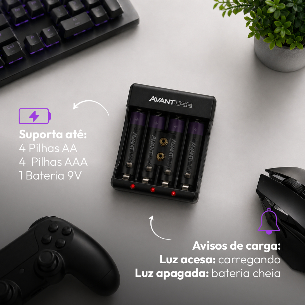 Kit 1 a 4 pilhas 9v Recarregável + Carregador Rápido Bivolt AA AAA 9V Avant Use · foto 2