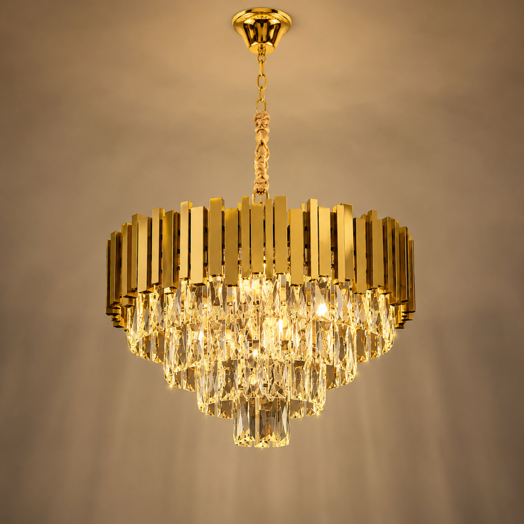 Lustre Pendente Teto Cristais Potente Redondo 50cm Para Sala de Jantar e Hall Bivolt - Luminária Dourado Luxo