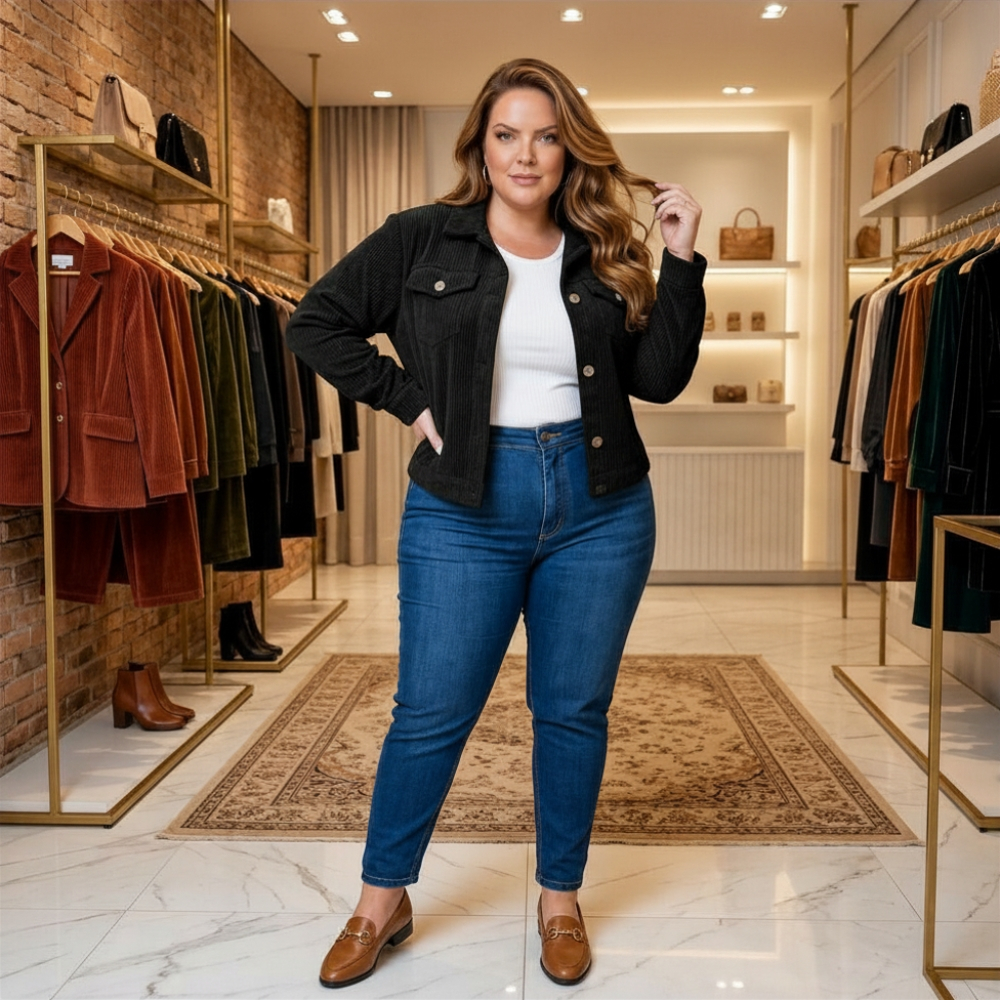 Jaqueta Feminina Plus Size em Cotelê com Botões Manga Longa