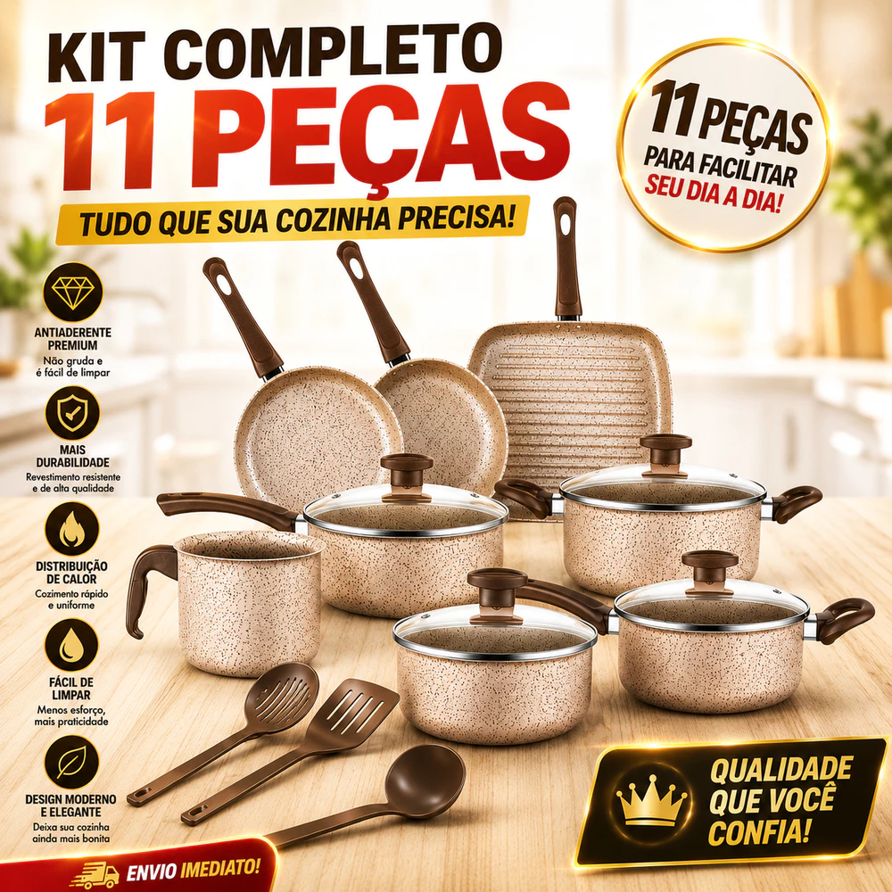 Jogo de Panelas Antiaderente 8, 10 ou 11 Peças - Com Tampas de Vidro e Utensílios