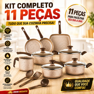 Jogo de Panelas Antiaderente 8, 10 ou 11 Peças - Com Tampas de Vidro e Utensílios