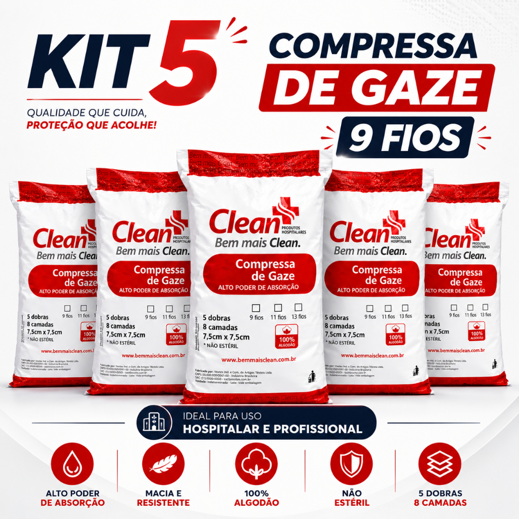5x Compressas De Gazes 9 Fios Hidrófila Não Estéril 2500Un ou 900g Ideal Para Curativo