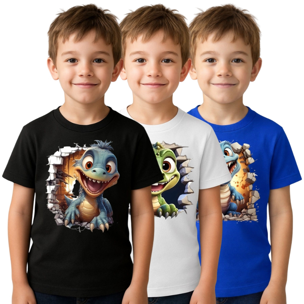 KIT 3 CAMISETA INFANTIL UNISSEX ALGODÃO 30.1 ESTAMPADA DINOSSAUROS EDIÇÃO EXCLUSIVA
