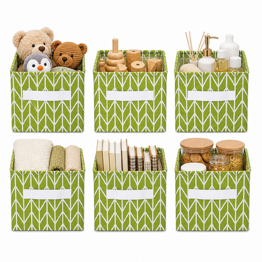 Kit 6 un Cesto Organizador Dobrável Linho Multiuso Para Roupas Brinquedos Nicho Decorativo | VERDE