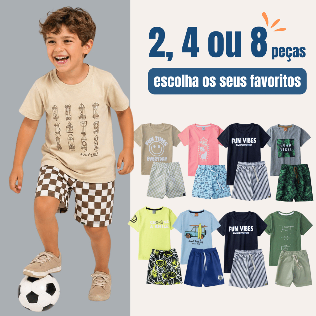 Conjunto de 2, 4 ou 8 Peças Roupa Infantil Menino Conjunto Verão Criança Masculino Tamanho 1 ao 12