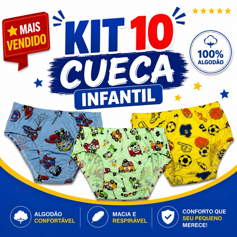 Kit Cueca Infantil 5 ou 10 Unidades Menino 100% Algodão Slip Confortável Estampada P M G GG