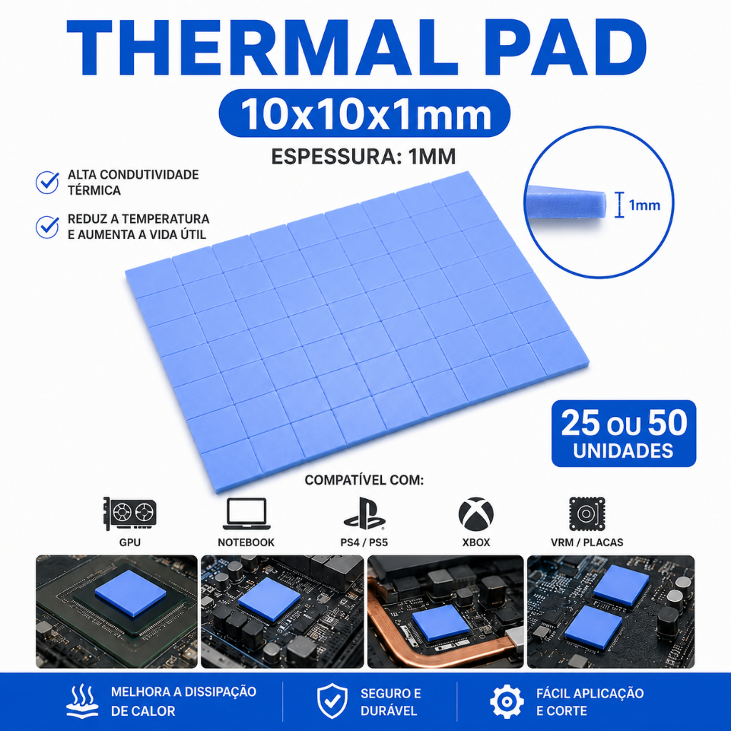Kit Thermal Pad 10x10x1mm - Pack 25 ou 50 Unid - GPU Notebook PS4 Xbox