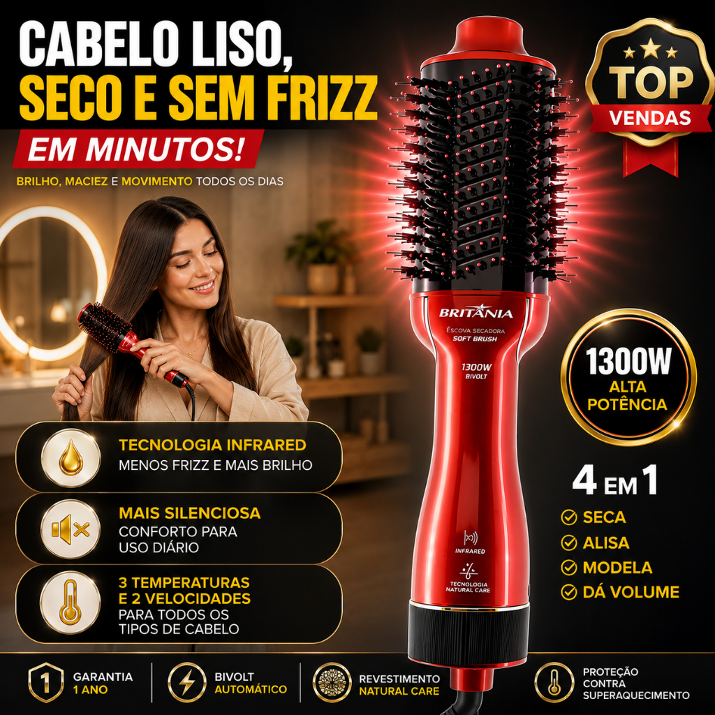 Escova Secadora Soft 4x1 Britânia 1300W BES12V Alisa Seca Modela Luz Infrared Bivolt Vermelha