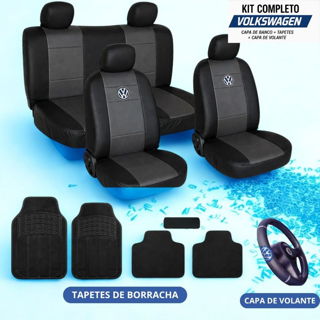 Kit Capa Banco VW Gol Fox Polo Voyage T Cross Tecido Curvin Tapete de borracha 5 peç Capa de Volante