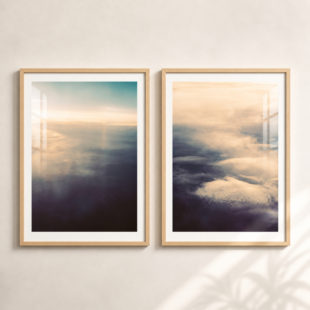 Kit 2 Quadros Decorativo Paisagem Aérea Abstrata De Nuvens Ao Entardecer