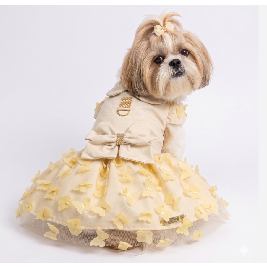 Roupa Pet Vestido Floral Nude dama honra casamento roupinha festa rodada godê laço tule  flores