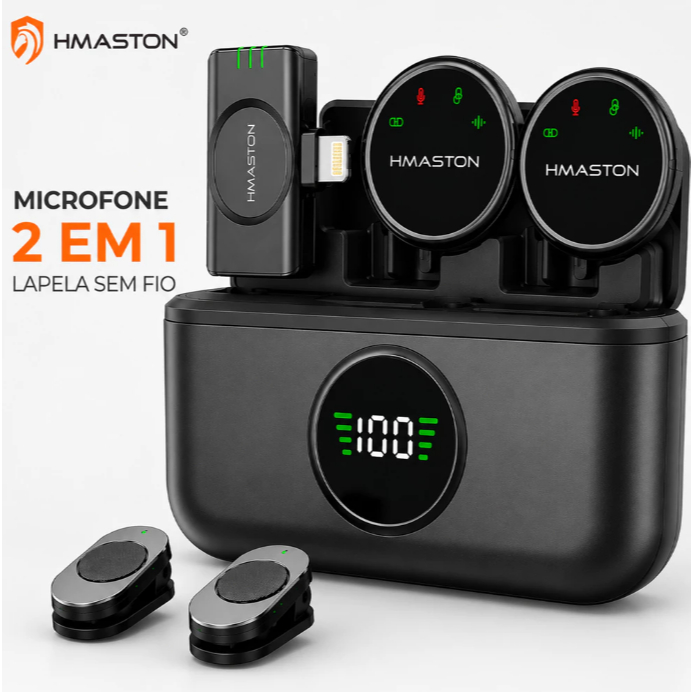 Microfone Lapela Sem Fio H’Maston MK18/MK19 – Redução de Ruído, Imã Magnético, 7h Bateria, Tipo-C