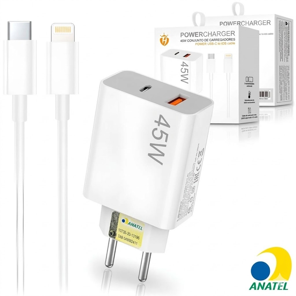 Carregador Iphone Turbo 45W 2 Entradas USB e USB-C + Cabo Lightning Iphone 6 7 8 X XR XS 11 12 13 14