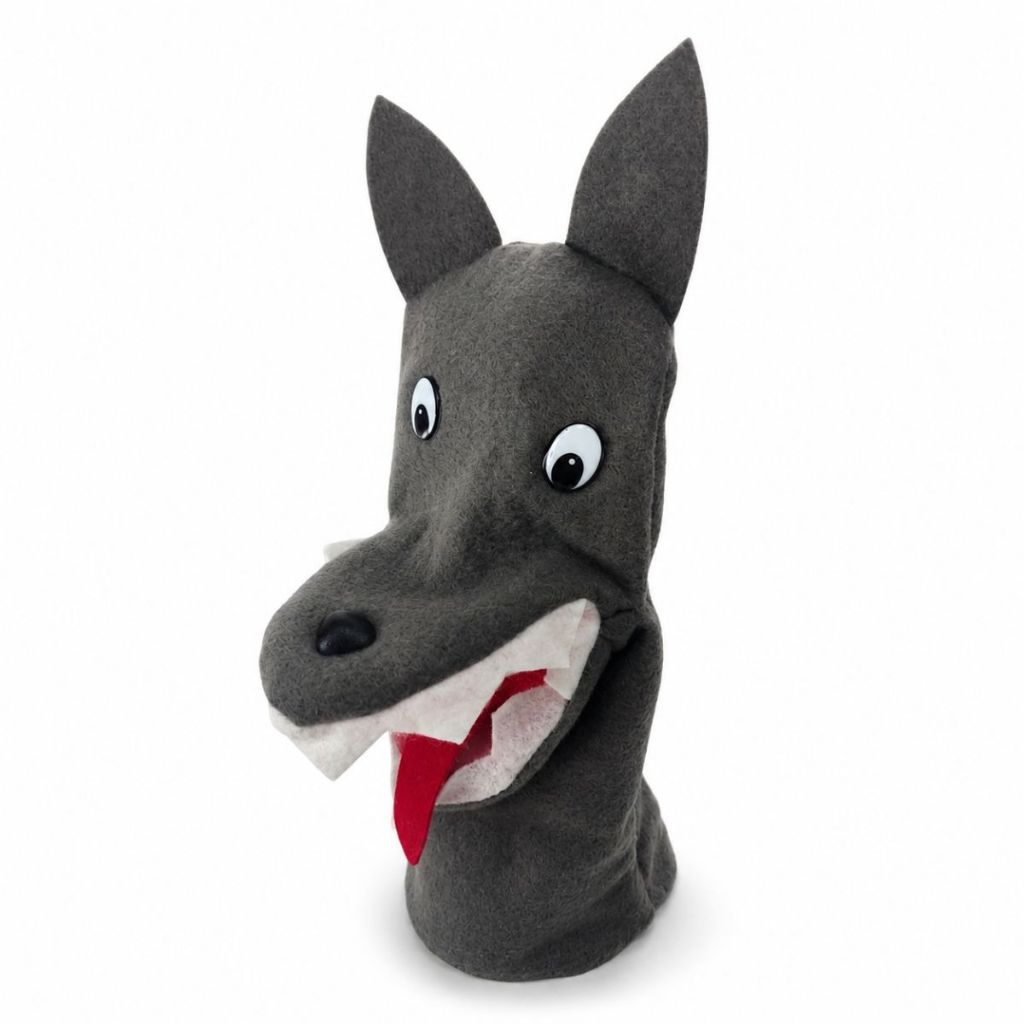 Fantoche Lobo Infantil com Boca Móvel Educativo Teatro Contação Histórias Crianças Tecido Feltro