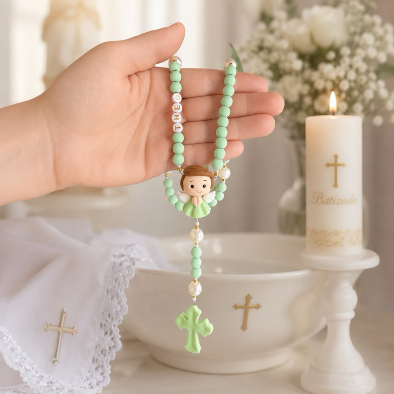Terço infantil para berço e batizado Pequeno Anjo Divino Verde  | Terço infantil personalizado  terço Nascimento