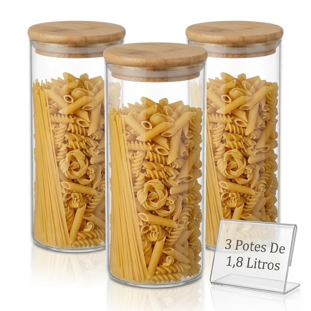 Jogo 3 Potes de Vidro Tampa Bambu Hermético Porta mantimentos Tempero cereais decoração cozinha