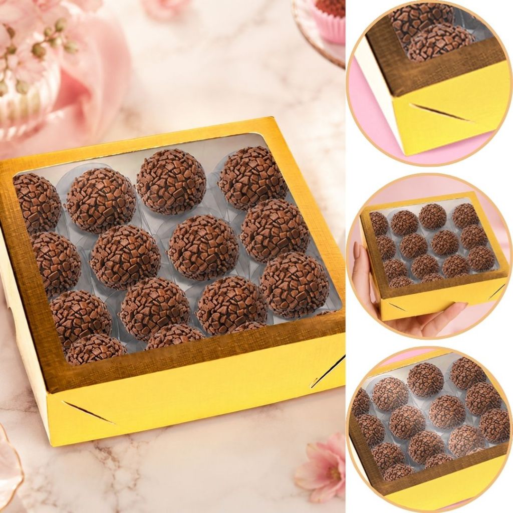 10~50 CAIXA LAMINADA C/ VISOR (16 DOCES) 4x16x16 cm OURO 4675 (CHOCO)