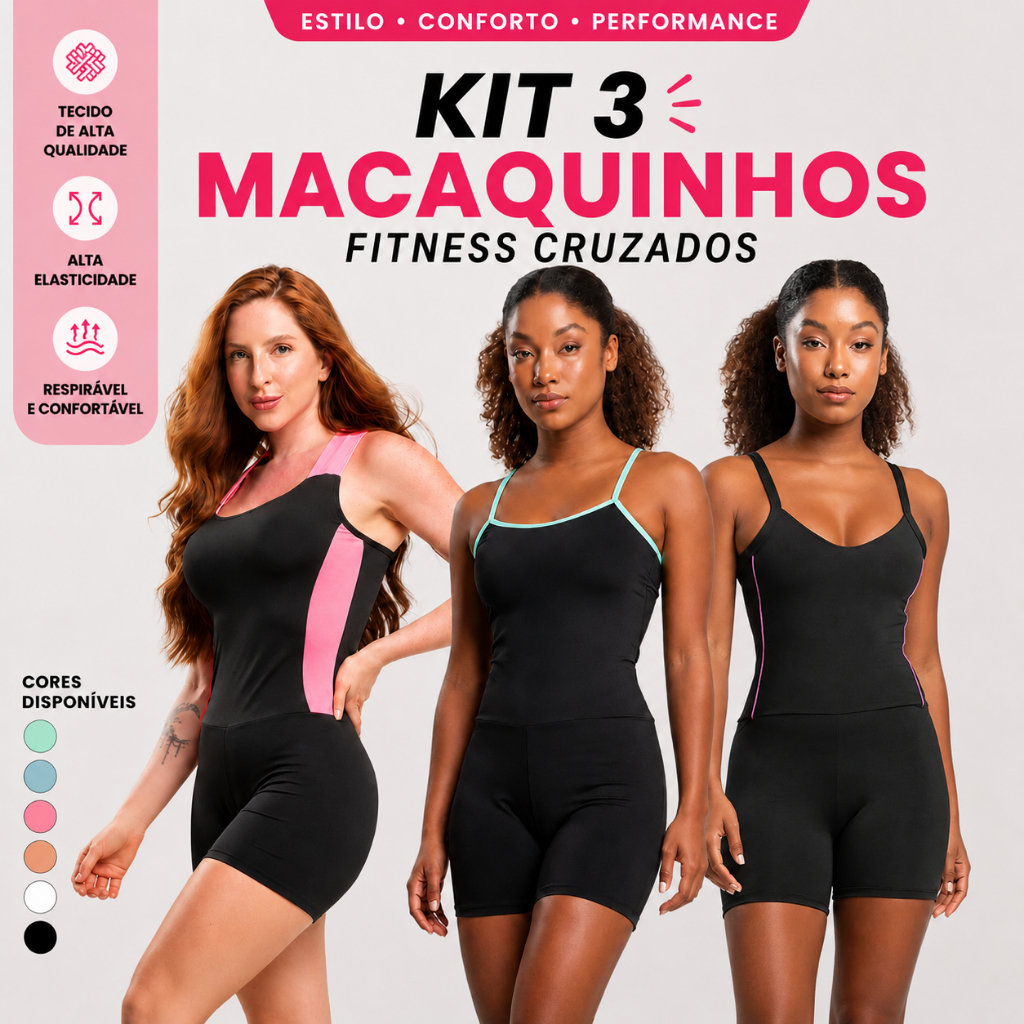 kit 3 macaquinhos fitness de academia cruzados sortidos