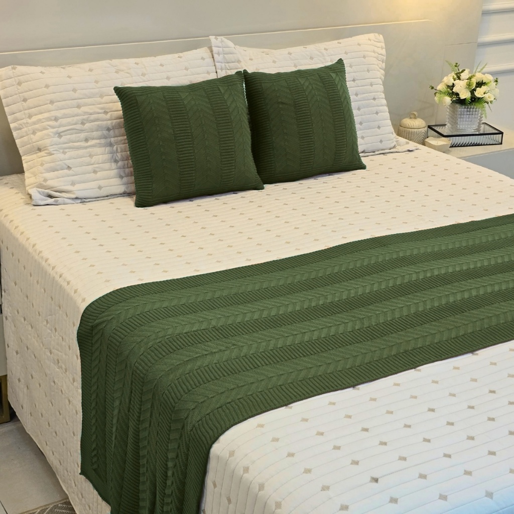 Kit Peseira Manta Tricot Cama Casal Queen King Links + 2 Capas Almofadas