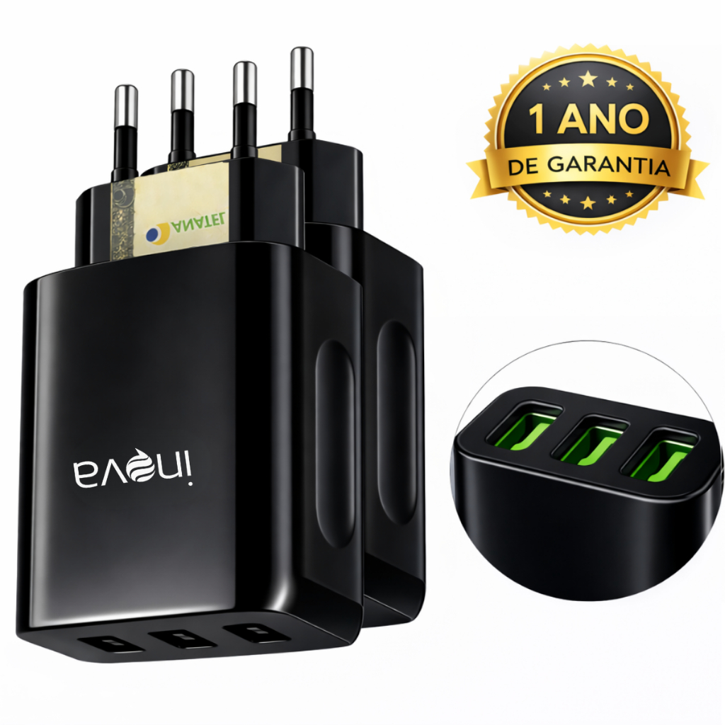 2 Carregadores Celular 3 Entradas Fonte USB Rápido 5.1A Original Inova