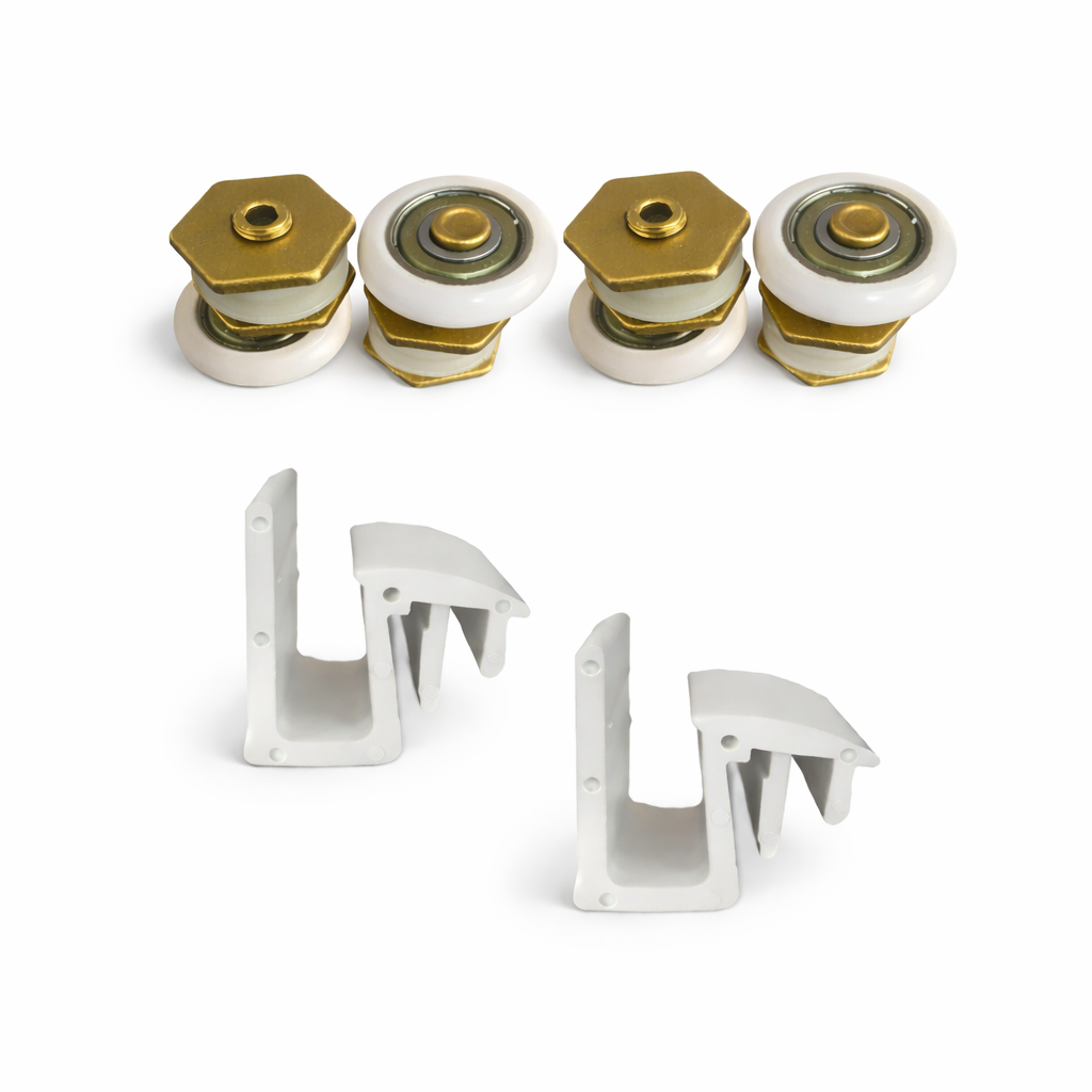 Kit 4 Roldanas Excêntrica e 2 Guias Deslizantes para Box de Vidro 8mm Porta