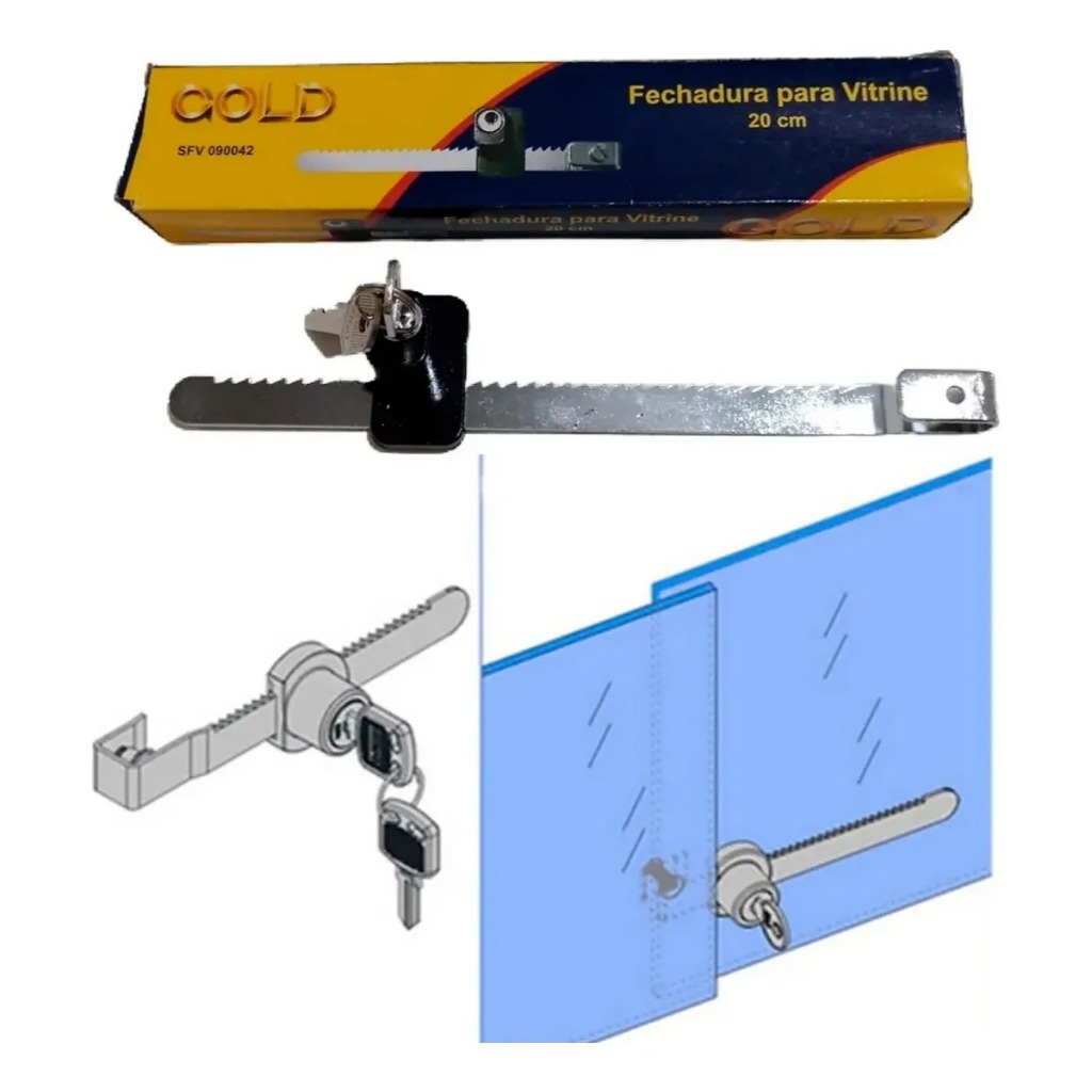 Fechadura Jacaré Para Vitrine De Vidro E Freezer 20cm Robusta + 2 Chaves  Trava  De Segurança Porta De Correr tipo serra