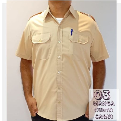 Kit 3 Camisas Social Manga Curta Caqui Uniforme Profissional Lapela Motorista Porteiro Aviador