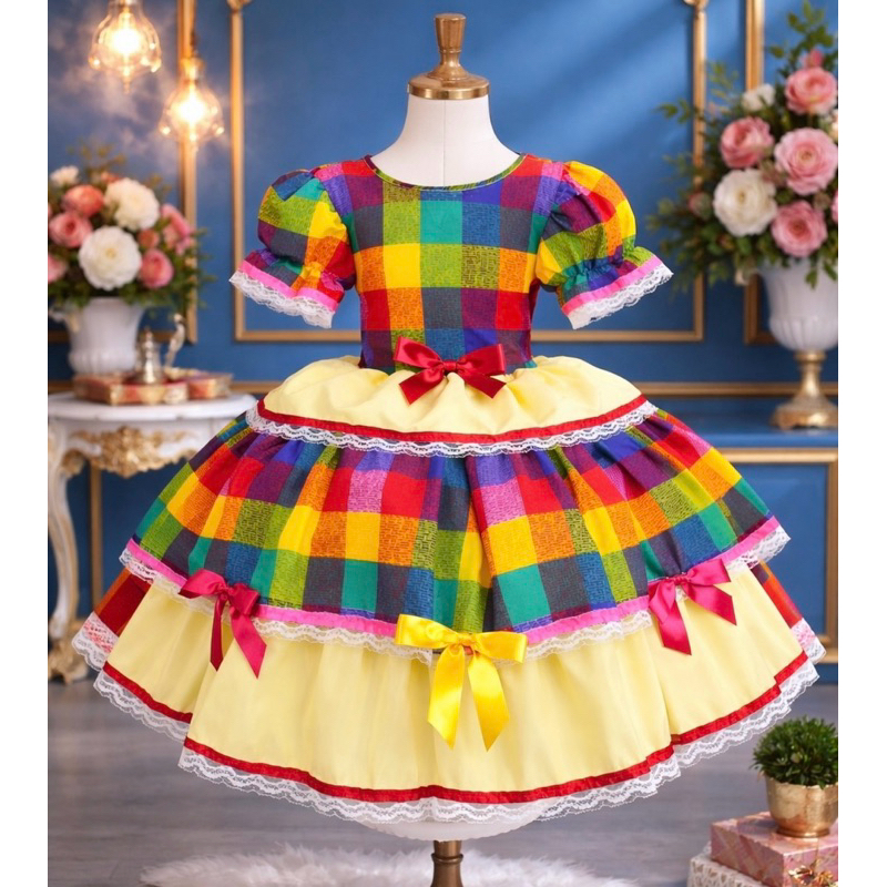 Vestido de Festa Junina Caipirinha Sao Joao Quadrilha Caipira Junino Infantil Luxo