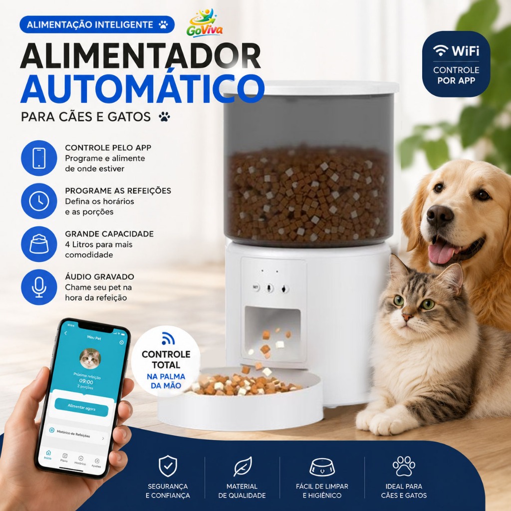 Alimentador Automático Pet 4L WiFi com Programação de Horários via App