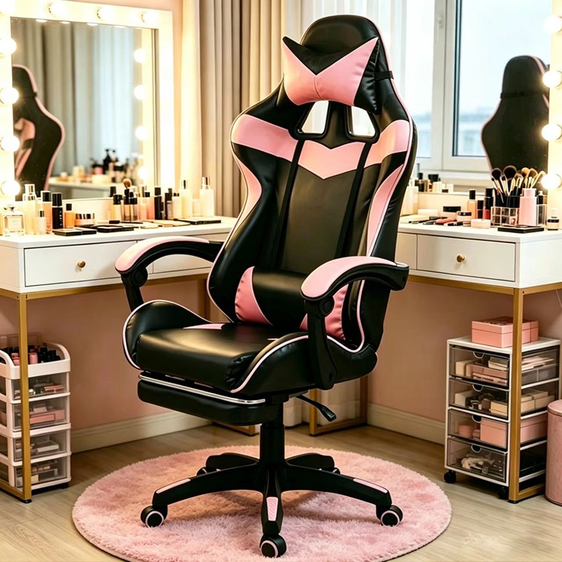 Cadeira Gamer Multifuncional Rosa e Preto Cadeira para Maquiagem, Escritório e Descanso, Reclinável com Apoio para Pés