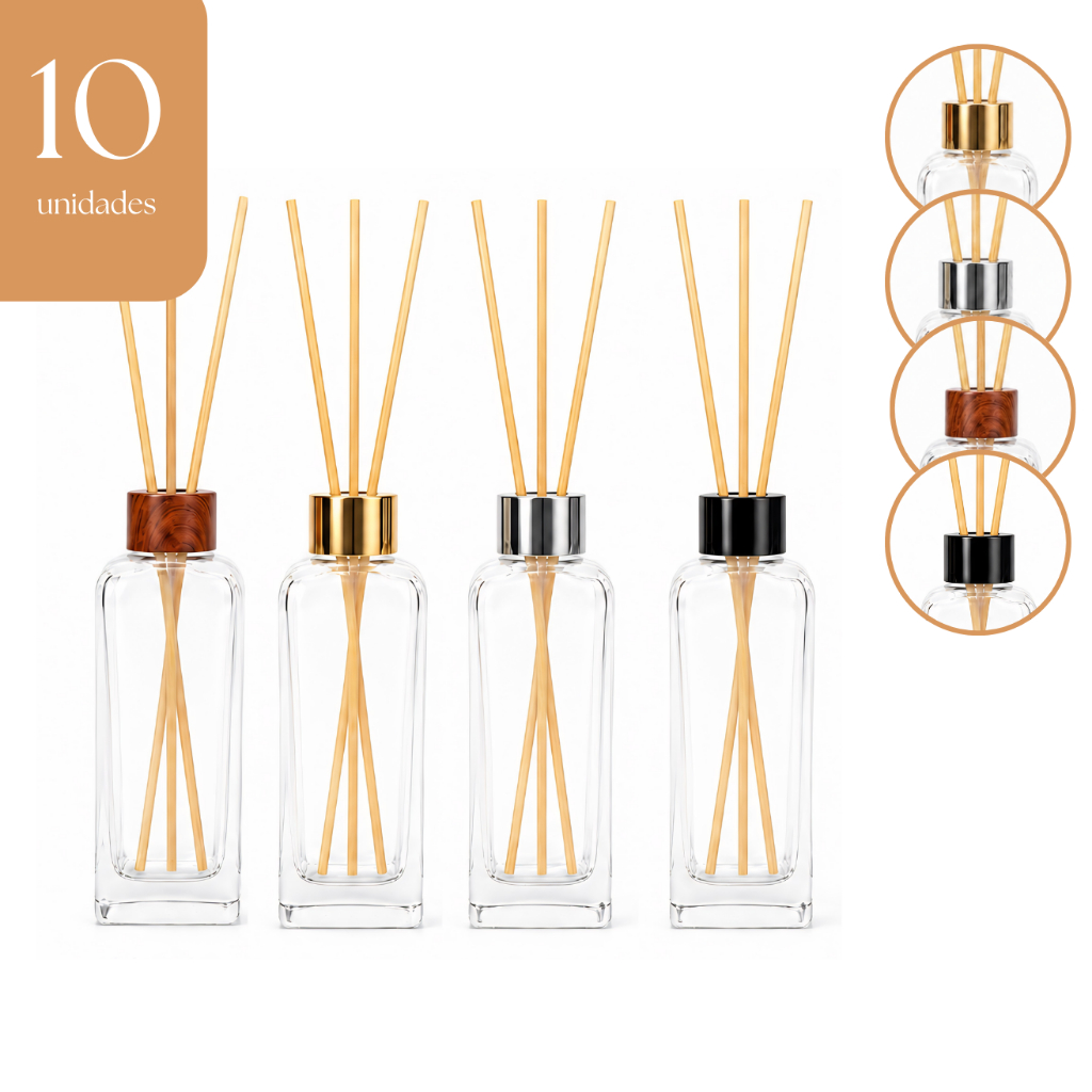 Kit 10 Frascos Difusor Aromatizador Vidro 180ml Rosca 28/410 Com Tampa E Varetas