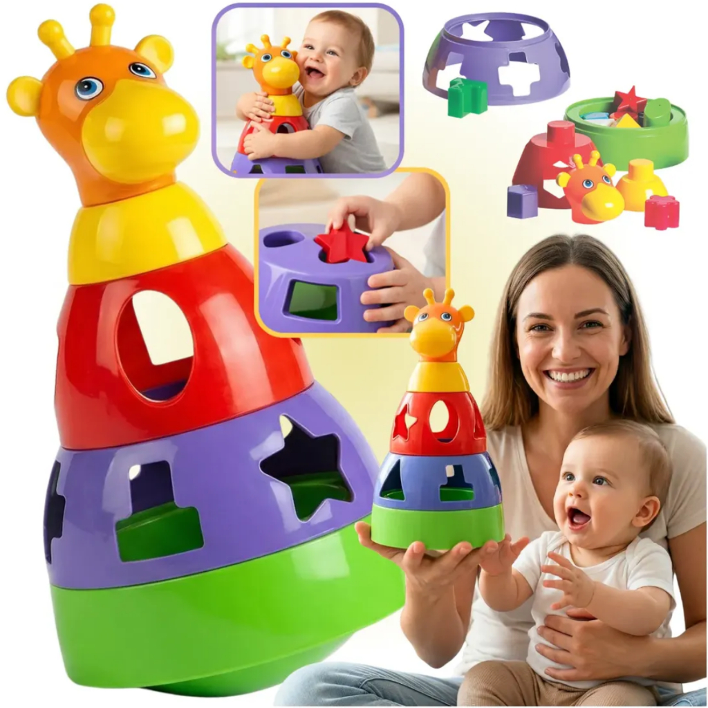 Girafa Didática Brinquedo Educativo Encaixar Empilhar Para Bebê 2 Unidades