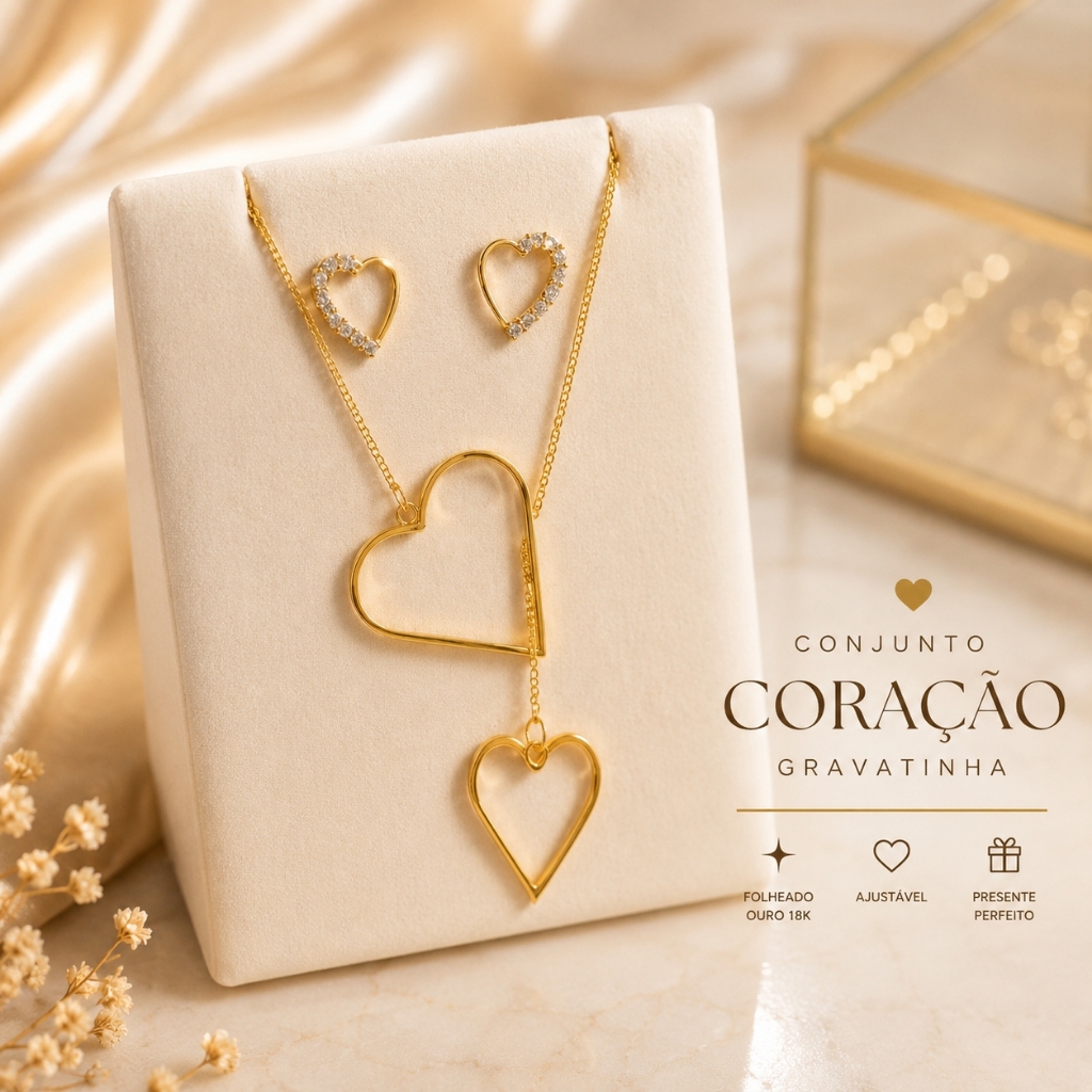Conjunto Colar e Brinco Coração Feminino Gravatinha Ajustável Folheado Ouro 18K